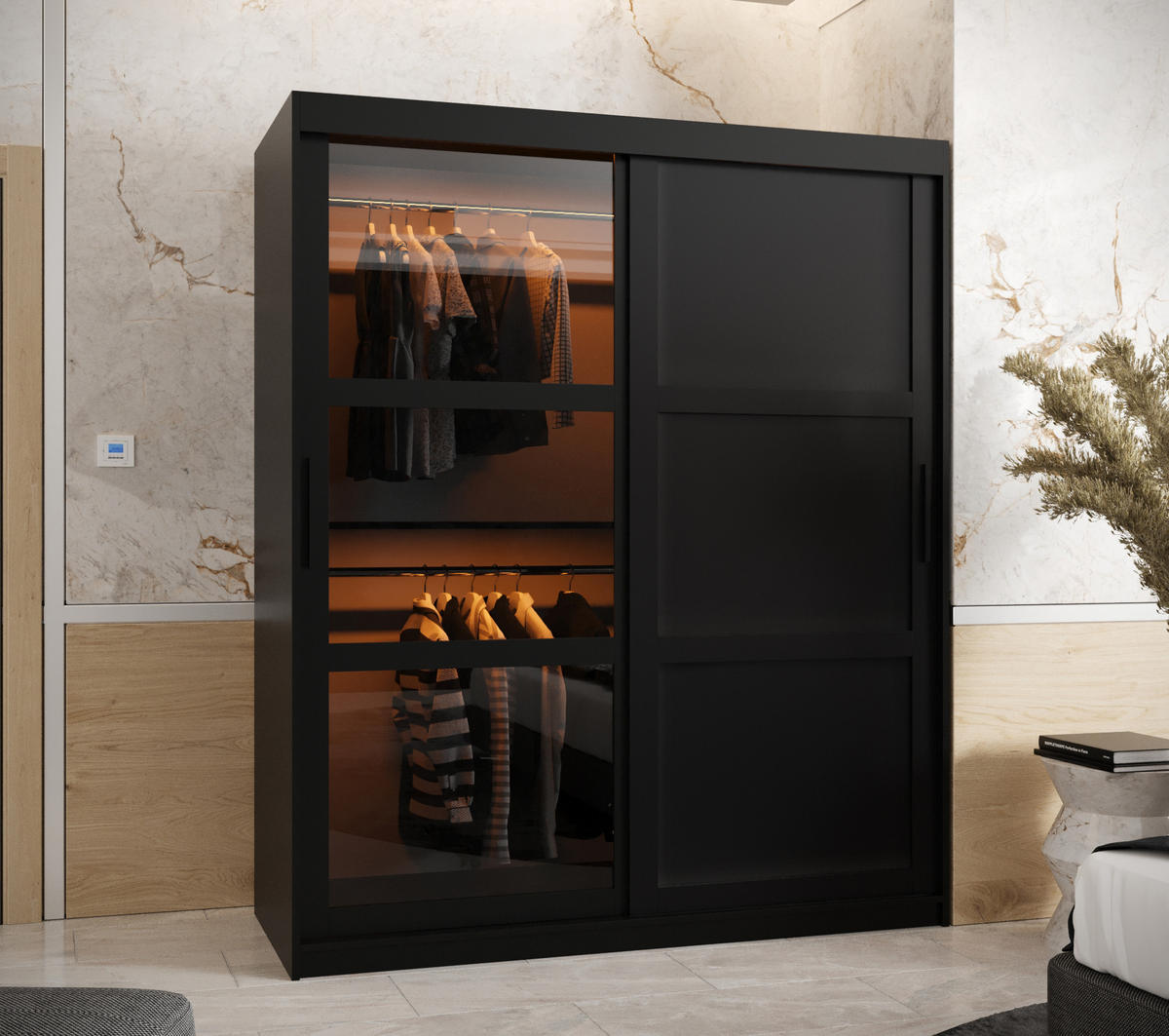 SCHWEBETÜRENSCHRANK 200/150/62 2-türig - Schwarz, Holz/Kunststoff (150/200/62cm) - Abiks Möbel