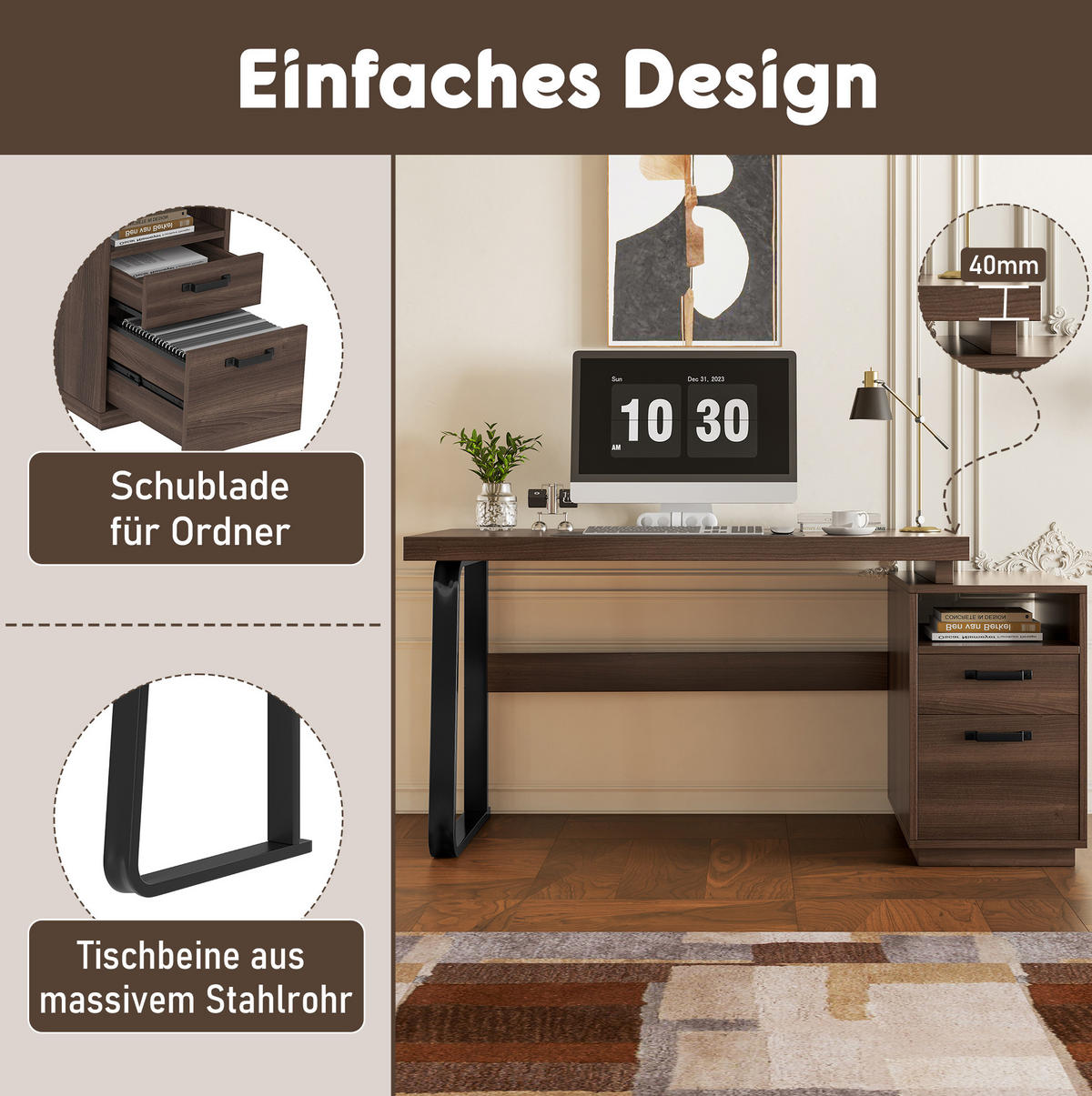 SCHREIBTISCH mit Stauraum 135 x 54 cm MDF Metall Braun - Braun, Metall (161/54/76.4cm) - Meubliv