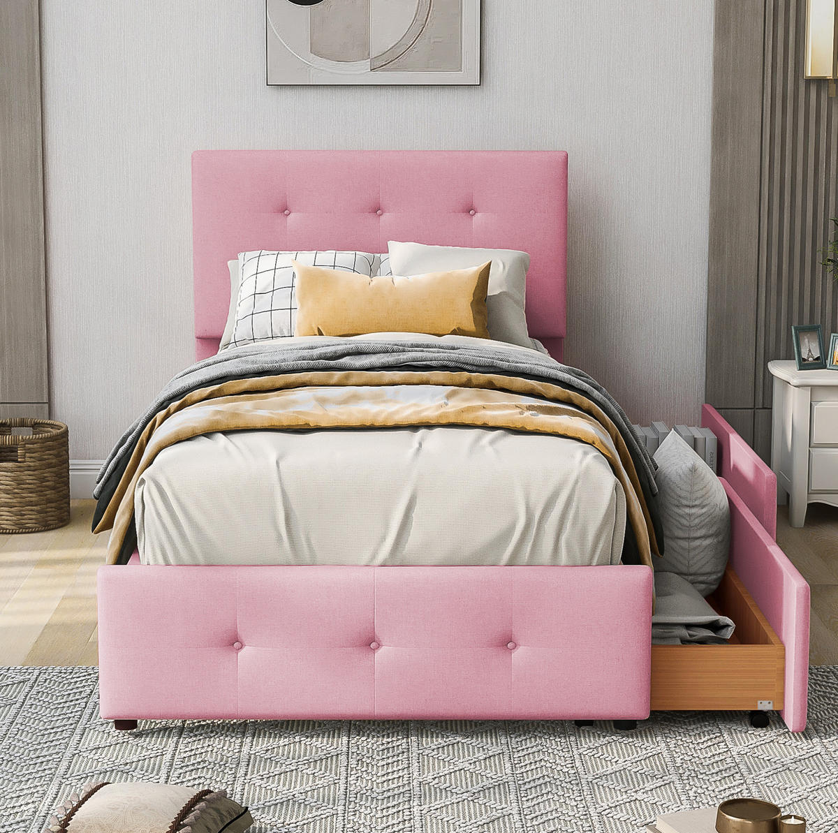 POLSTERBETT 90/200 cm mit Lattenrost, Rückenlehne und Schublade aus Samt, Pink - Pink, Textil (90/200cm) - Redom