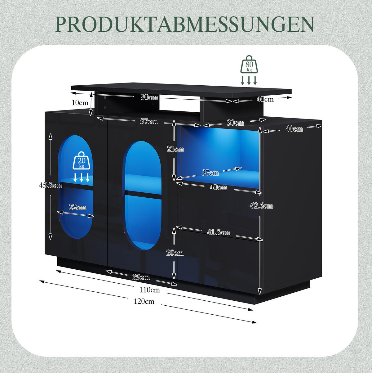 SIDEBOARD 120/40/80 cm mit LED-Beleuchtung, Glastüren und verstellbaren Einlegeböden, Schwarz - Schwarz, Holzwerkstoff (120/80/40cm) - Redom