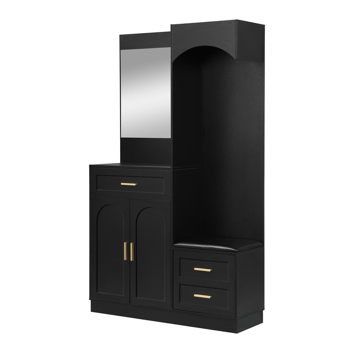 KOMPAKTGARDEROBE mit Spiegel und Schuhbank 110 x 33 x 185,5 cm Schwarz - Schwarz, Holzwerkstoff (33/185.5/110cm) - Beauniv
