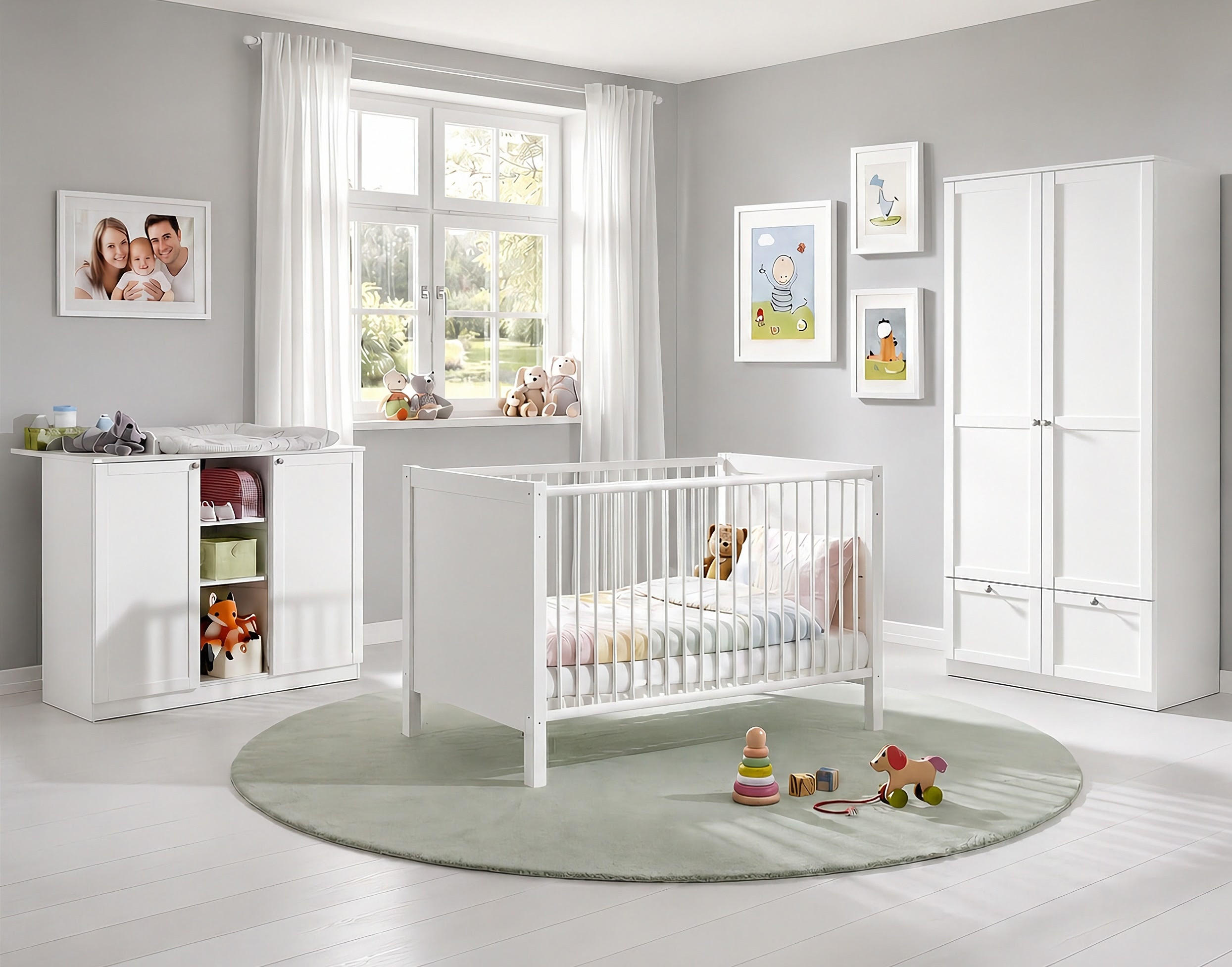 luma-home 3DÍLNÁ SADA DO DĚTSKÉHO POKOJE: dětská postýlka, přebalovací komoda a dvoudveřová skříň se zásuvkami, 90 × 200 × 58 cm (Š×V×H), bílá / 22802