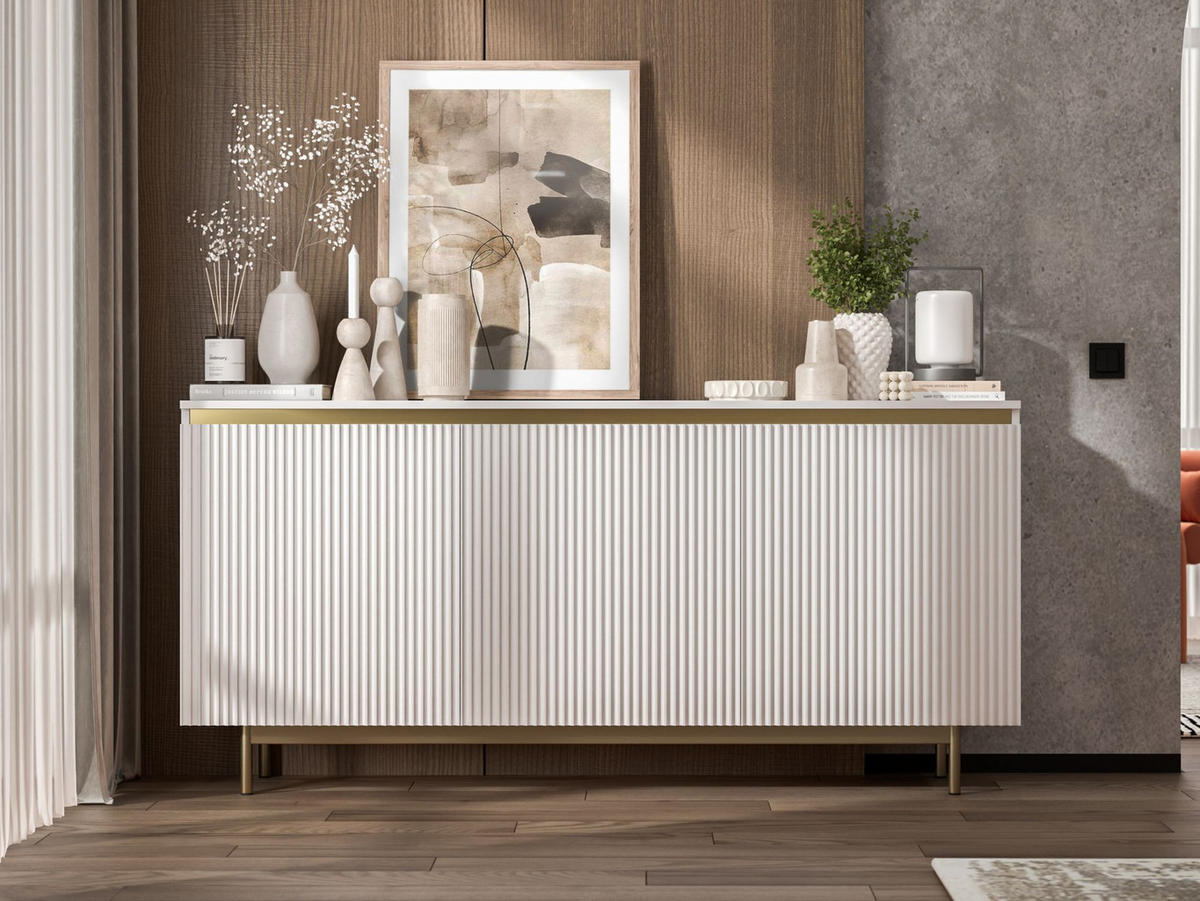 KOMMODE Selene 3D Weiß matt 167 cm mit goldenem Metallrahmen - Goldfarben/Weiß, Holzwerkstoff/Metall (167/79/35cm) - Meble Lindner