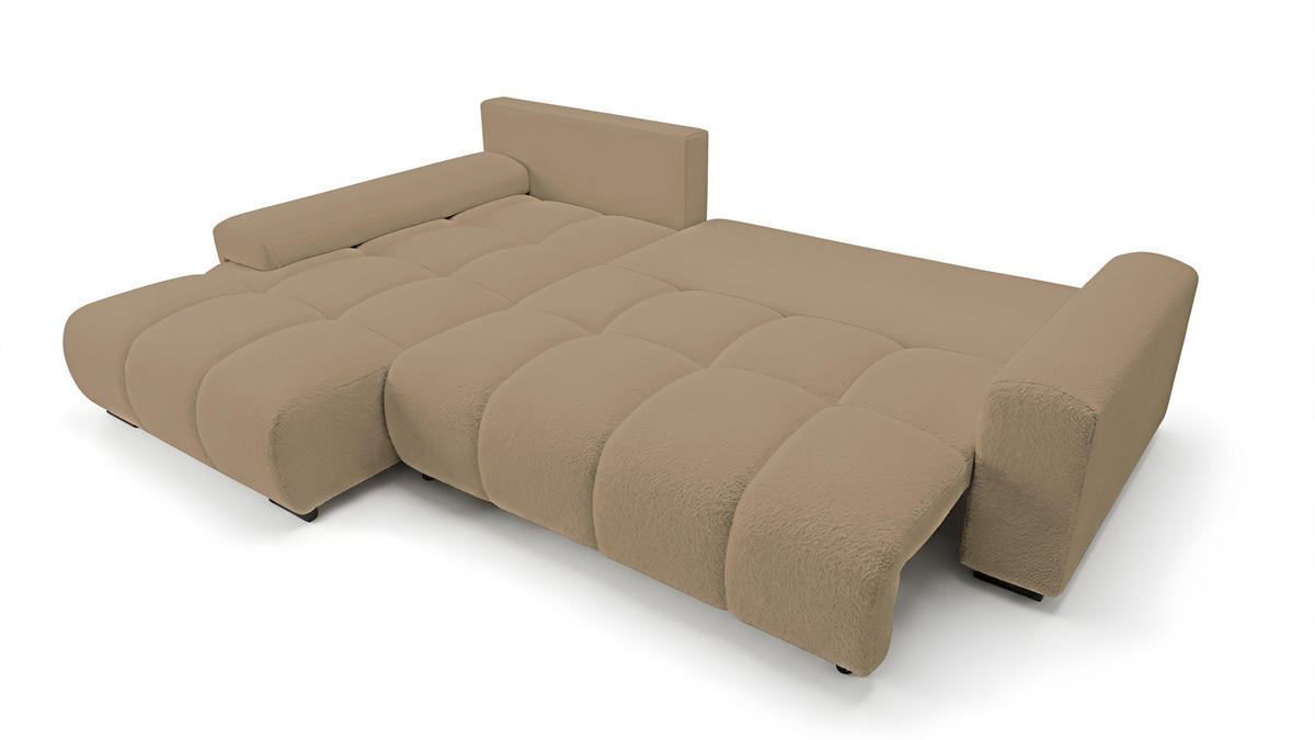 ECKSOFA Ovia mit Bettkasten und Schlaffunktion, Bouclé-Stoff in L-Form - Cappuccino, Textil (270/185cm)