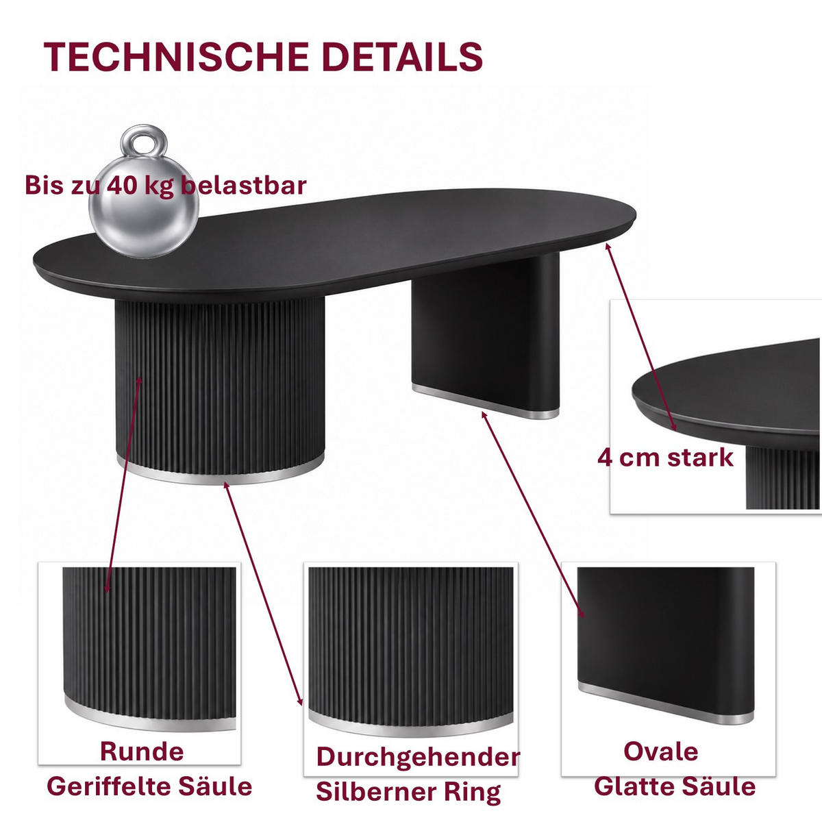 COUCHTISCH Oval Schwarz 130 × 70 cm mit geriffeltem Säulengestell und Silberakzenten - Schwarz, Holzwerkstoff (70/130/45cm)
