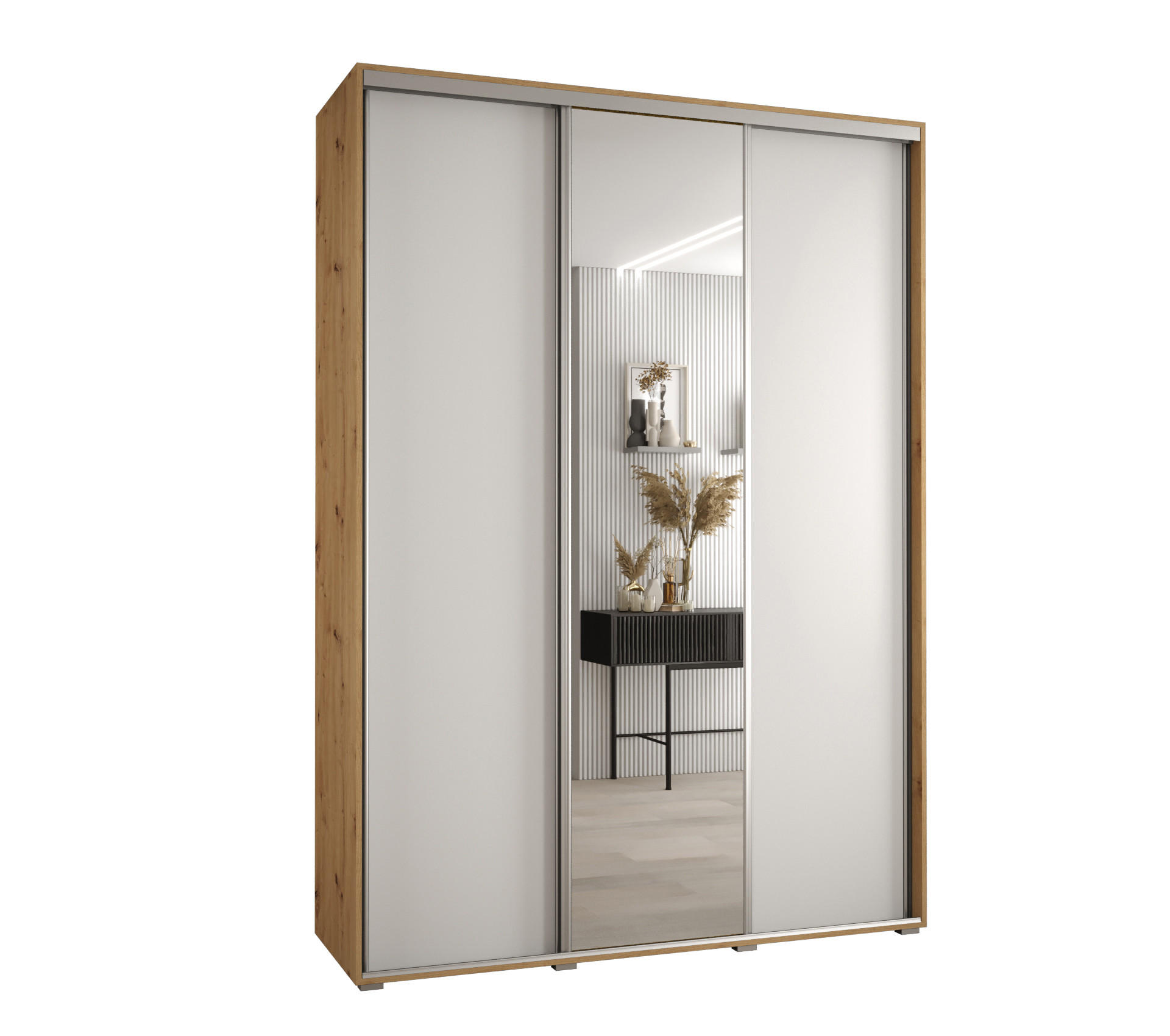 Abiks Möbel Schwebetürenschrank Eiche Artisan, Weiß, Silber 180x235x45 cm