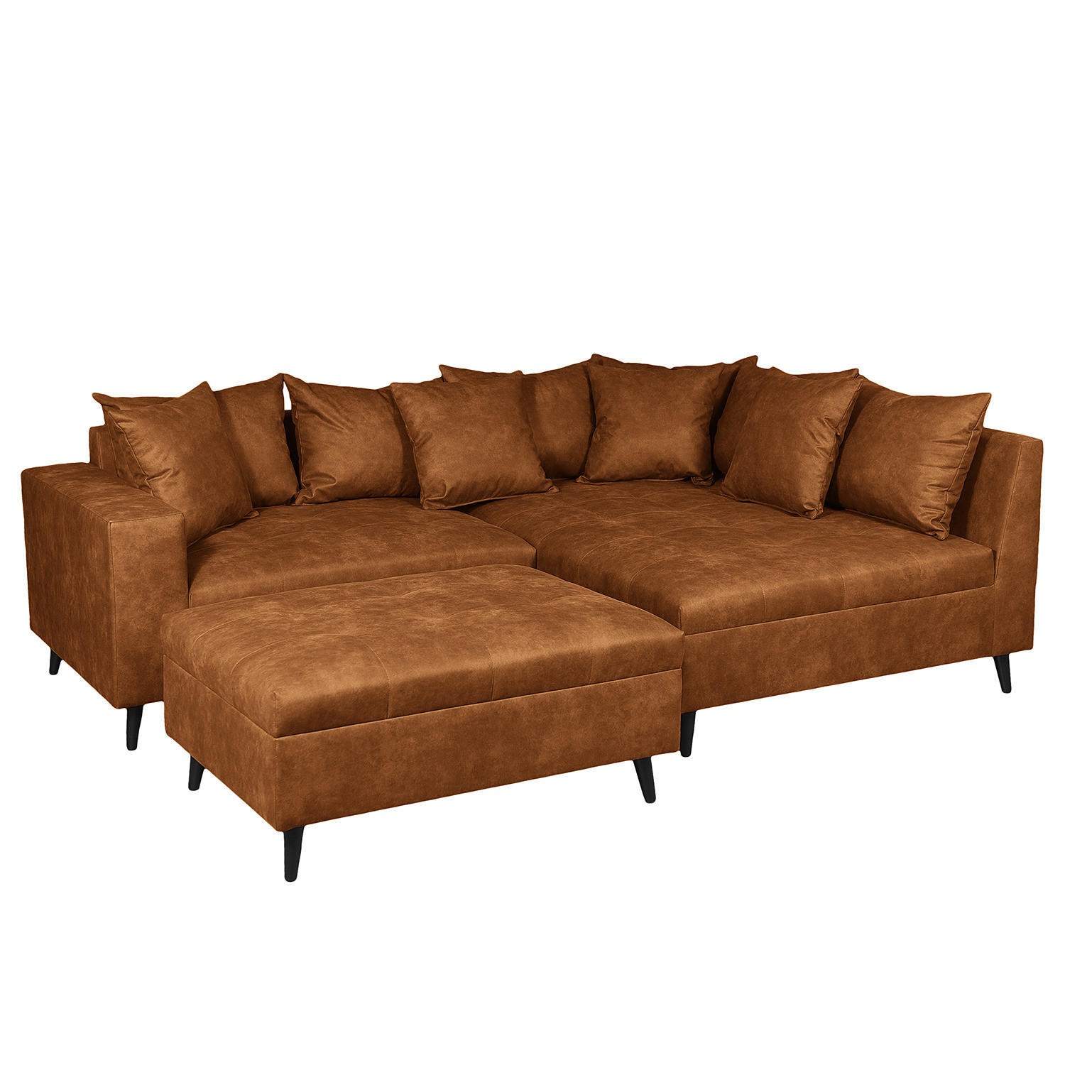 ECKSOFA mit Ottomane und Hocker - Cognac/Schwarz, Birkenholz/Textil (247/174cm) - home24