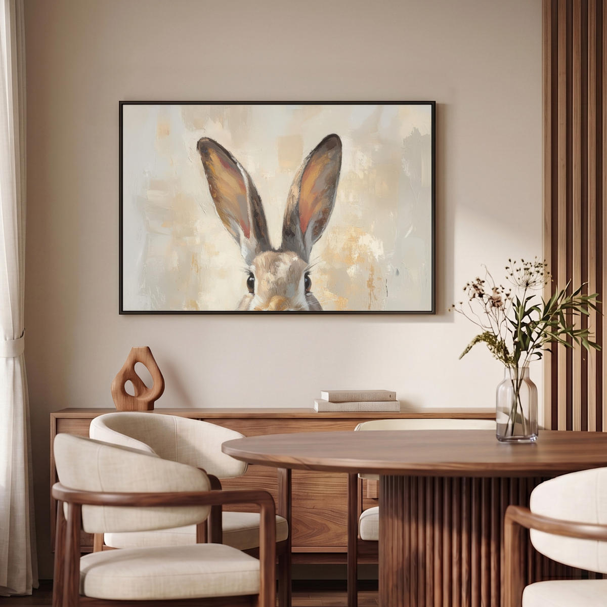 LEINWAND Bilder mit Rahmen - Hase - Ohren - Braun - 90x60 - Beige, Textil (90/60cm) - MuchoWow
