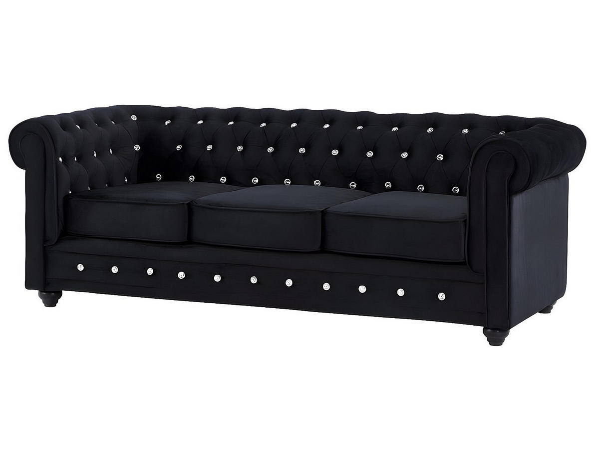 SOFAS 3-Sitzer, 2-Sitzer & Sessel - Samt - Schwarz mit Knöpfen in Kristall-Optik - CHESTERFIELD - Schwarz, Textil (205/72/88cm) - Vente-Unique