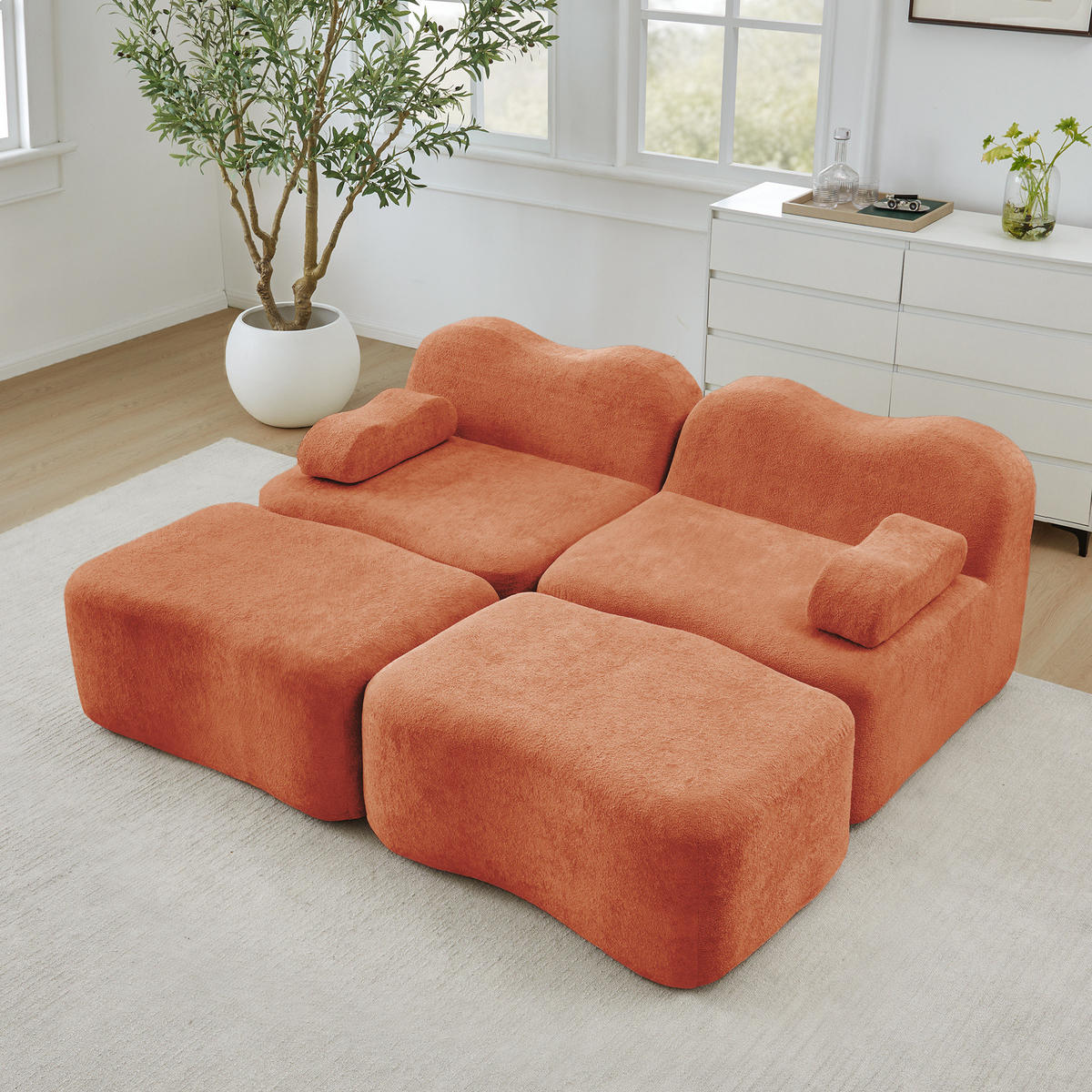 SOFA modular mit Hocker Samt Orange 2-teilig - Orange, Holzwerkstoff (167/70/192cm) - Meubliv