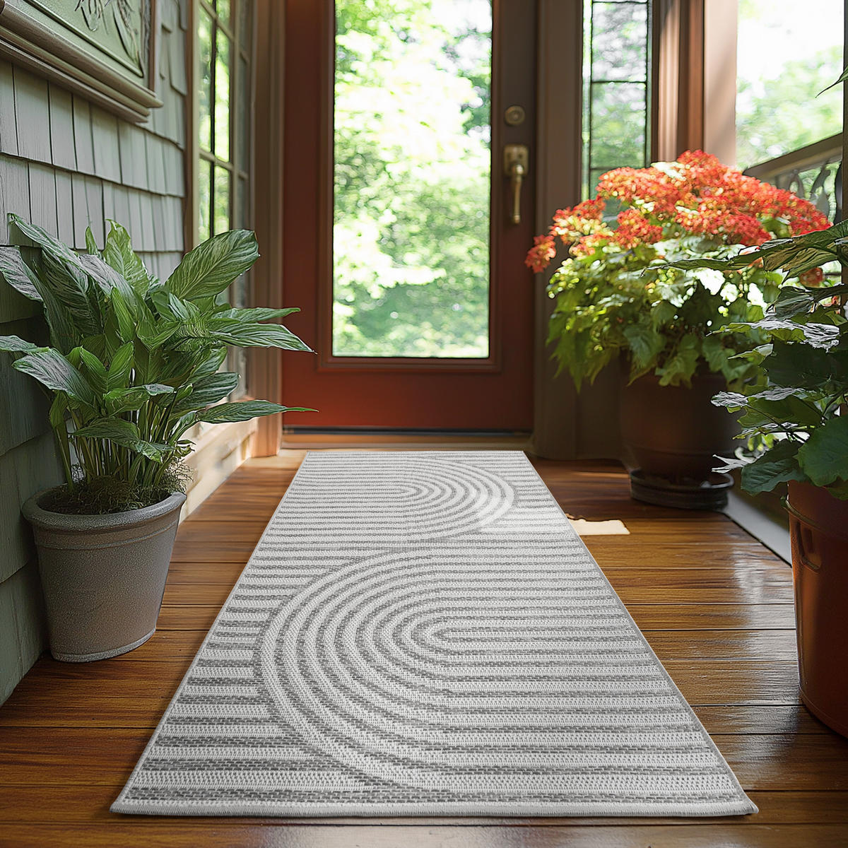 TEPPICH Outdoor Flachgewebe Boho Muster Polypropylen Balkon Grau Läufer 80x250 - Grau, Textil (80/250cm) - KADIMA DESIGN