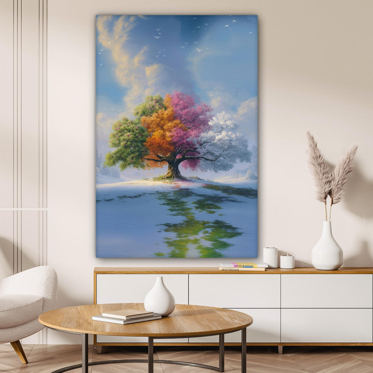 LEINWANDBILD Baum - Jahreszeiten - Winter - Landschaft Deko Groß 90x140 cm - Multicolor, Textil (90/140cm) - MuchoWow