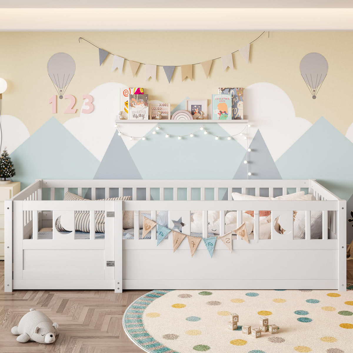 PANELBETT 90x190cm Weiß Kinderbett Gitter Stern-Mond-Dekoration - Weiß, Holz (90/190cm) - FLIEKS