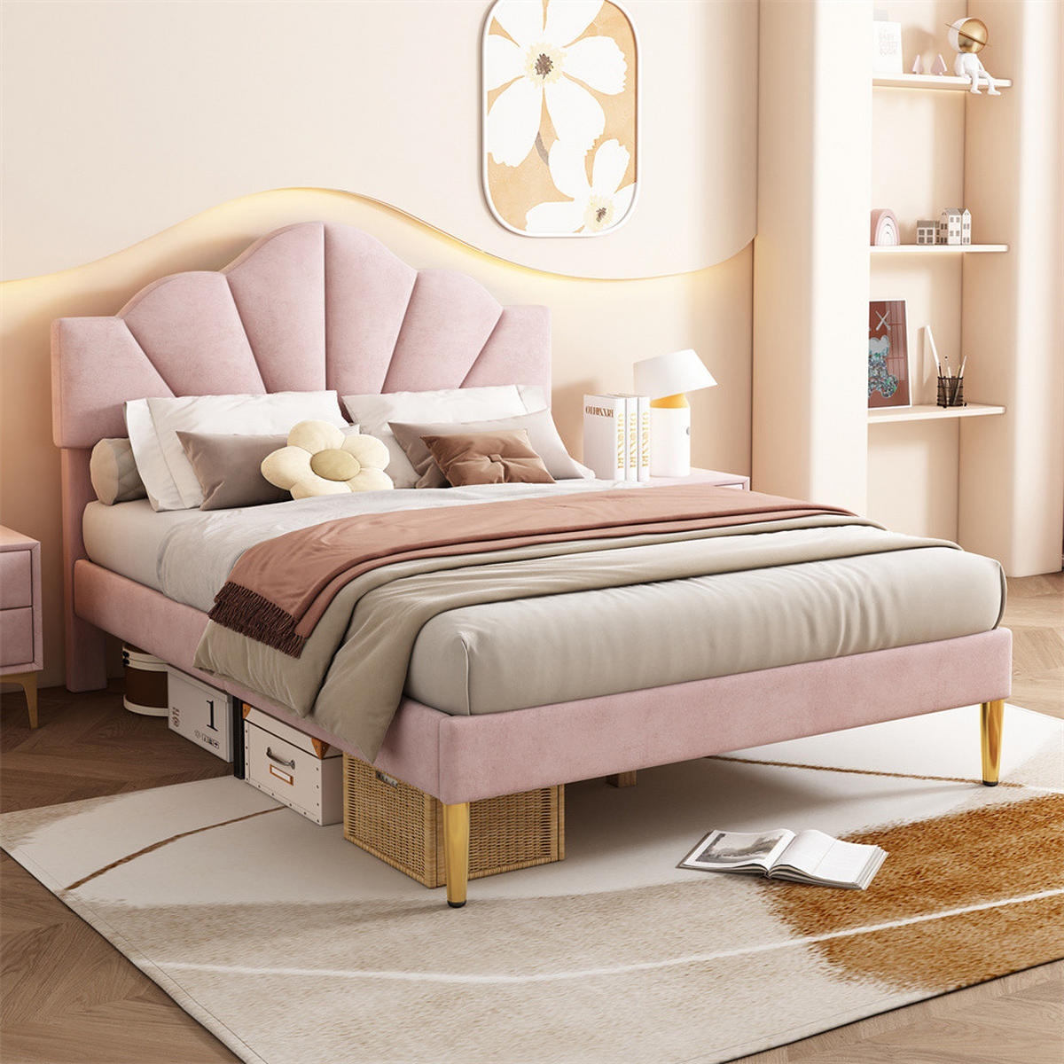 POLSTERBETT 140/190 cm in Rosa Samt mit Goldenen Eisenbeinen - Pink, Holz/Textil (140/200cm) - KOMHTOM