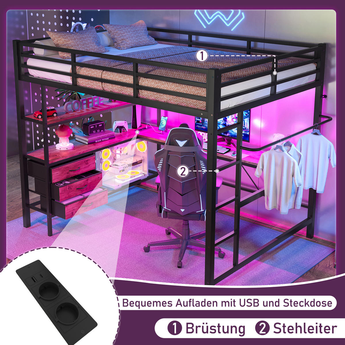 HOCHBETT 140/200 cm Schwarz aus Metall und MDF mit Schreibtisch und LED-Beleuchtung - Schwarz, Metall (140/200cm) - OKMYHOME
