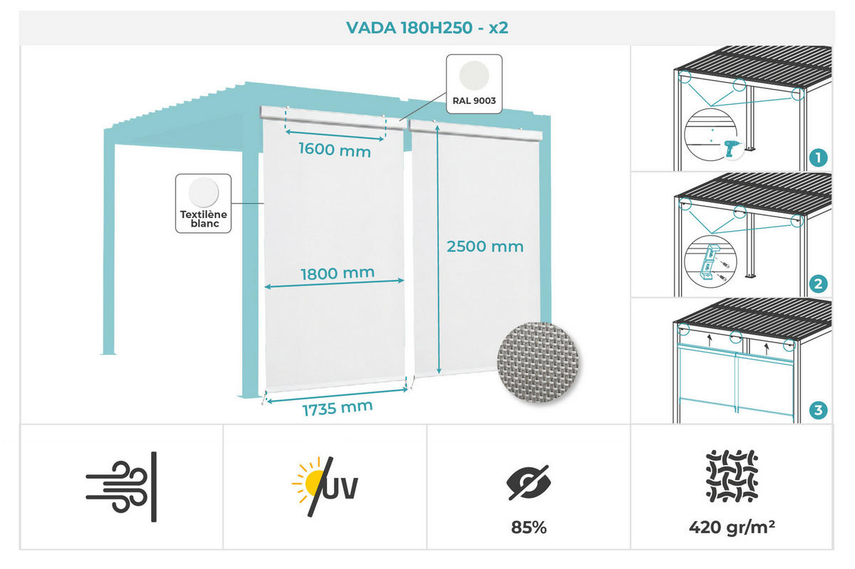 MARKISEN für Pergola VADA 2er-Set, weißes Aluminium, H.250 x B.180cm - Weiß, Metall (180/250/180cm) - Cazeboo