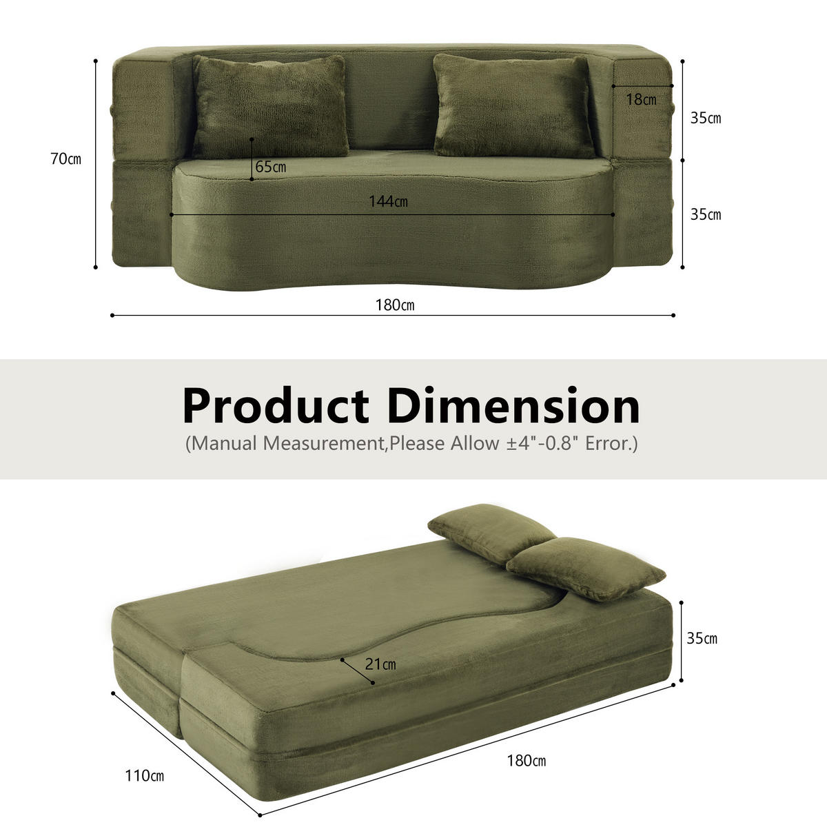 SCHLAFSOFA aus Schaumstoff Grün, faltbar als Gästebett mit 2 Kissen und weichem Kurzplüschbezug - Grün, Kunststoff (180/70/55cm) - Modfu
