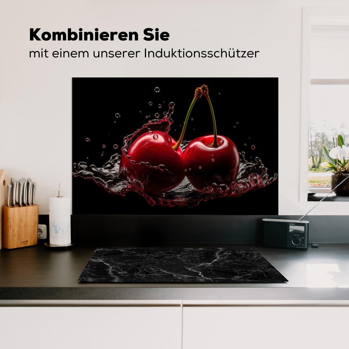 SPRITZSCHUTZ KÜCHE Kirsche - Rot - Frucht - Wasser - Schwarz 90x60 cm - Kirschrot, Metall (90/0.3/60cm) - MuchoWow