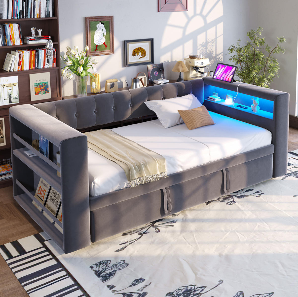 ROZKLÁDACÍ postel 90/180 x 190 cm s LED osvětlením, zásuvkou a úložnými područkami, Tmavě šedá - tmavě šedá, textil (90/190cm) - Redom