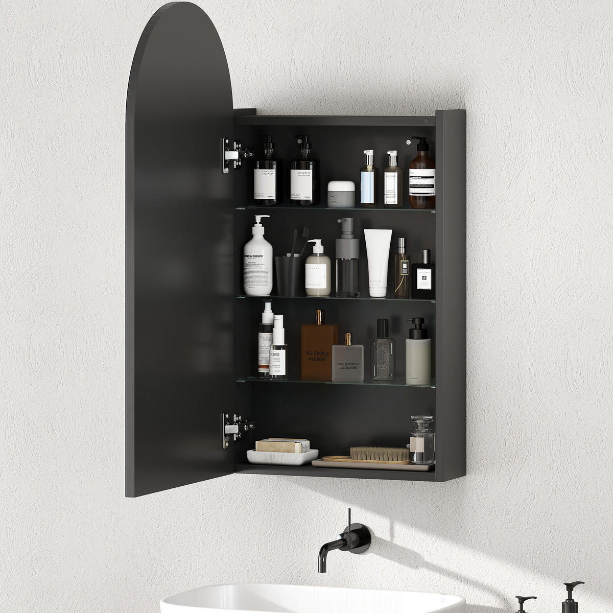 HÄNGENDER Badschrank mit Regalen - Schwarz, Glas/Holzwerkstoff (12/80/40cm) - HOMCOM