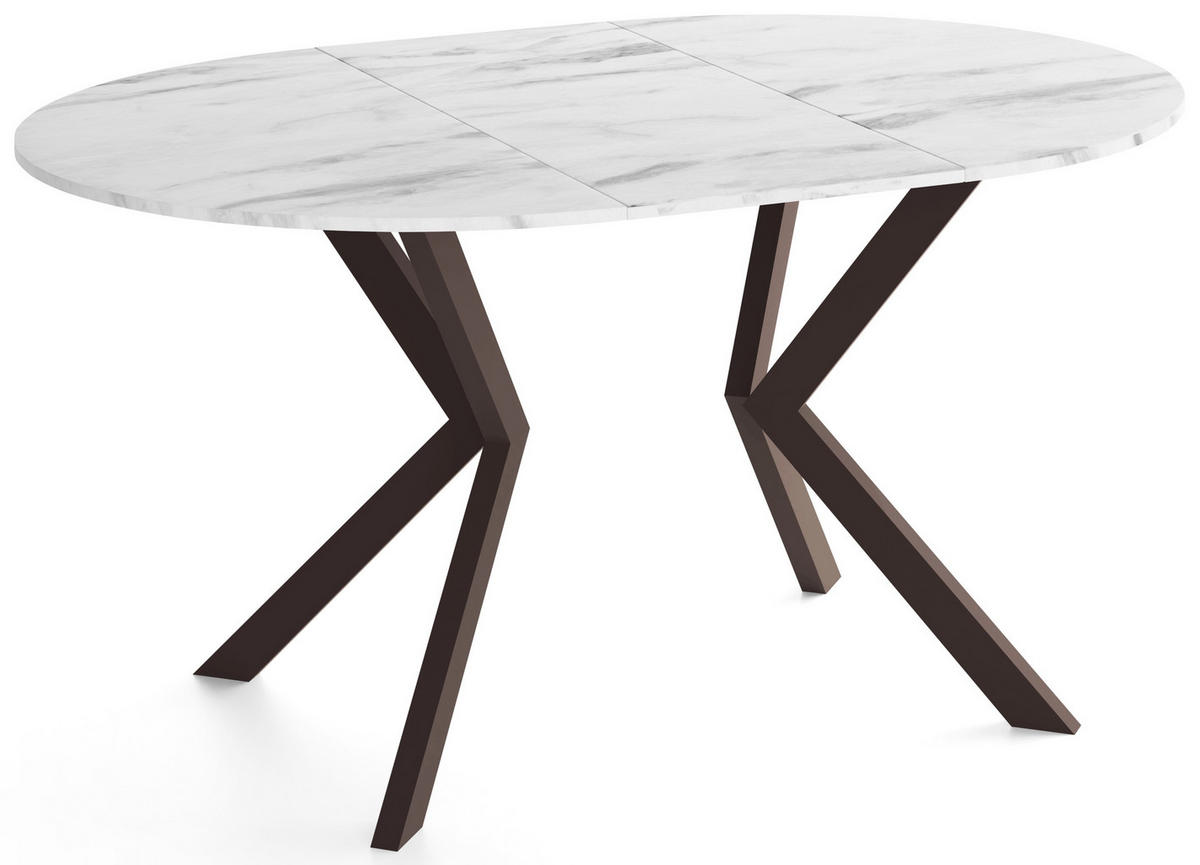 ESSTISCH Valio rund oval ausziehbar verlängerbar mit braunen Metallbeinen, Marmor Weiß 100-140/100/76 cm - Ecru/Braun, Holzwerkstoff/Metall (100/140/76cm) - WFL GROUP