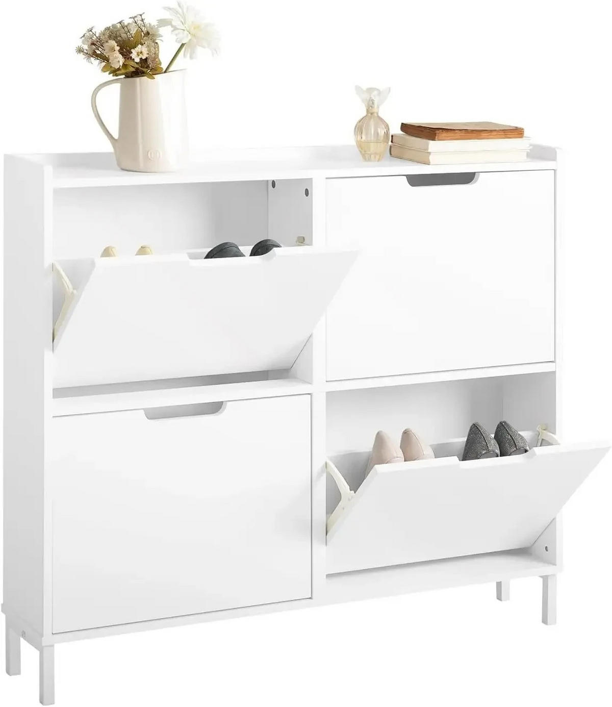 FSR100 Schuhkipper 4 Klappen Schuhschrank schmal Schuhkommode Schuhablage Weiß - Weiß, Holzwerkstoff/Metall (100/90/19cm)
