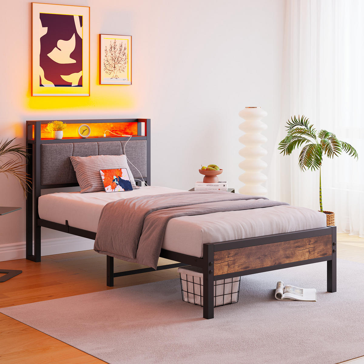 METALLBETT 90x200 cm LED USB Stauraum - Dunkelbraun, Holzwerkstoff (90/200cm) - Fortuna Lai