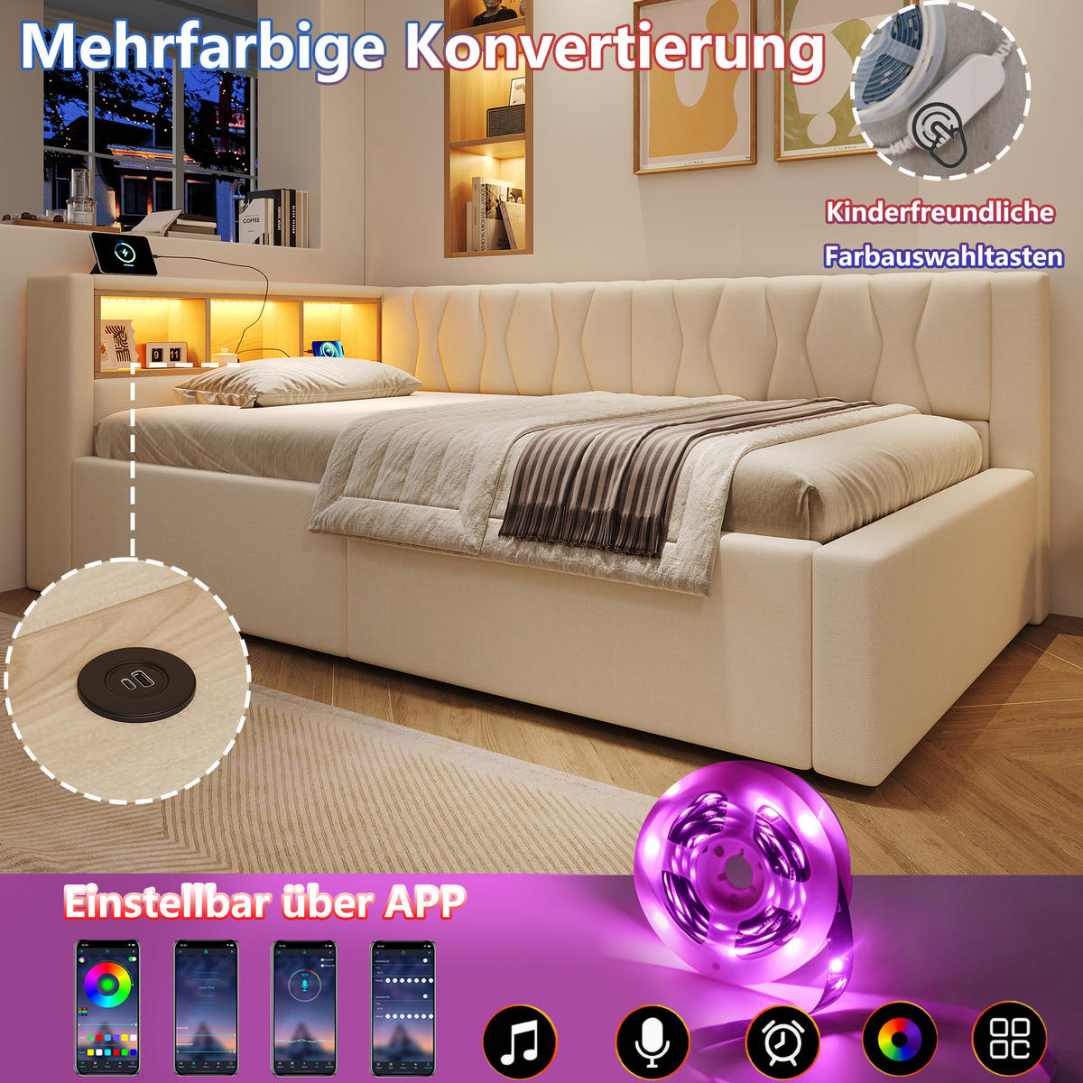 TAGESBETT 140x200cm Schlafsofa Hydraulik LED USB Beige - Beige, Naturmaterialien (140/200cm) - FLIEKS