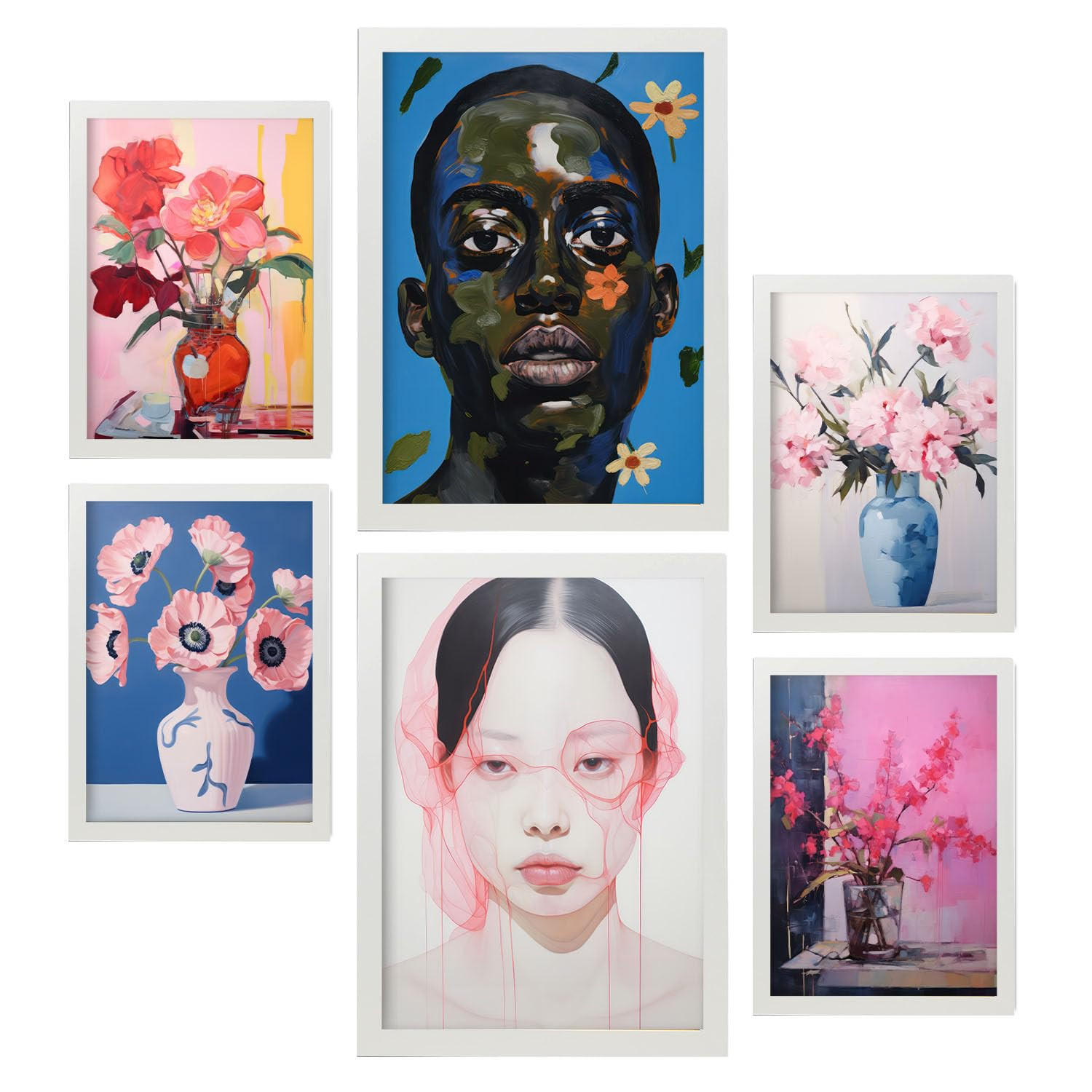 POSTER Set Mit 6 Blumengesicht In Vielseitiger Stil A3 & A4 Weißer Rahmen - Weiß, Papier (29/3cm) - Nacnic