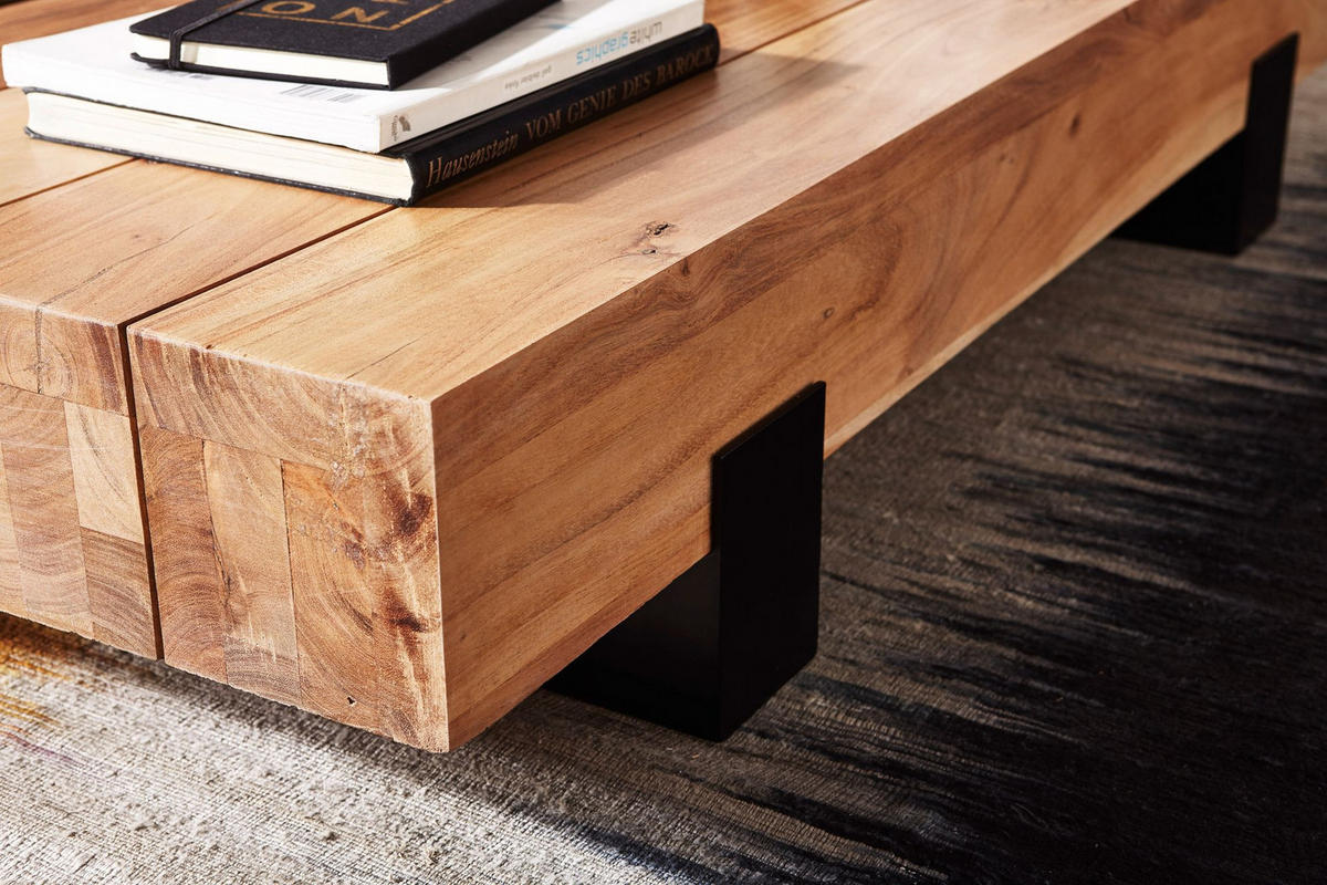 COUCHTISCH Industrie-Stil in Akazienholz und Schwarz Metall, Maße 130x25x59 cm - Beige/Schwarz, Holz/Metall (59/130/25cm) - KADIMA DESIGN