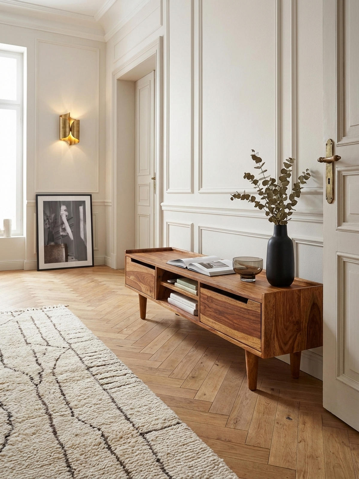 LOWBOARD Massivholz Landhausstil für 60-Zoll Fernseher mit Stauraum und Schutzlackversiegelung - Braun, Holz (145/43/35cm) - KADIMA DESIGN