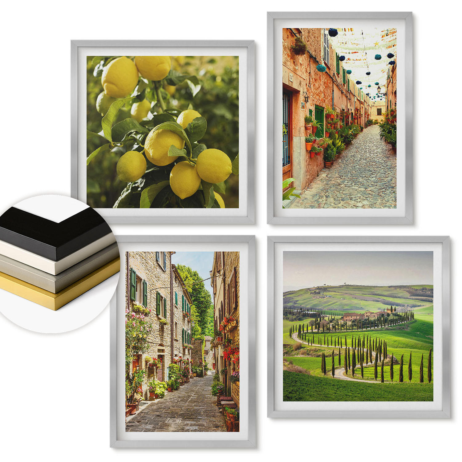 WANDBILDER 4er Set - 50x50 cm & 40x60 cm Silberner Rahmen - Bezaubernde Straßen voller Zitronenblüten - Silberfarben, Kunststoff (50/50cm) - ArtPrintCave