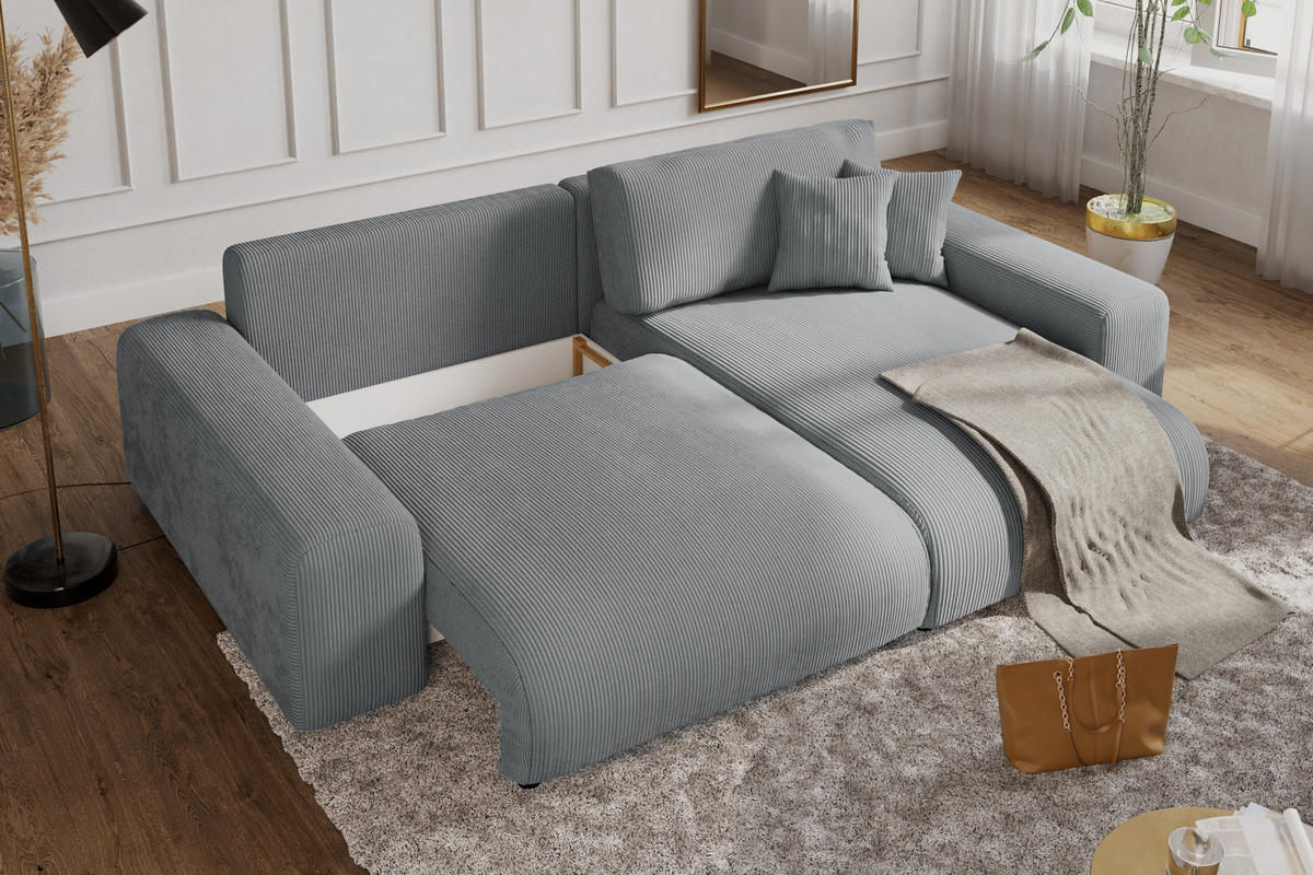 ECKSOFA mit Schlaffunktion, Bettkasten, Wellenunterfederung, seitenverkehrt montierbar B255/T165/H84 cm, Liegefl. 148x196 cm, Cord Hell-Grau / 21007 - Hellgrau/Schwarz, Kunststoff/Textil (255/165cm) - luma-home