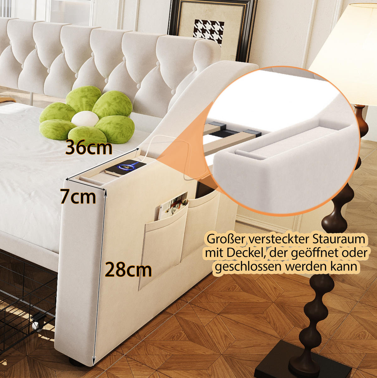 POLSTERBETT aus Samtstoff 90x190 cm Beige mit USB- und Type-C-Anschluss, 2 Schubladen - Beige, Textil (90/190cm) - IVMEU