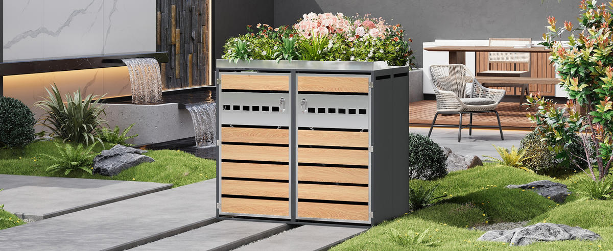 MÜLLTONNENBOX 2 Türen Pflanzfläche Belüftung - Grau, Metall (132/124.5/80cm) - LEBENLANG