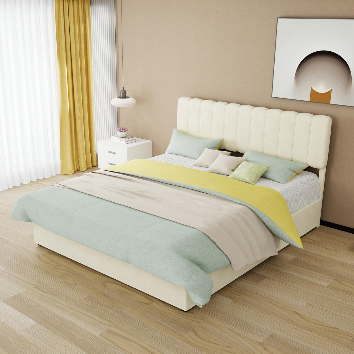 POLSTERBETT 160/200 cm in Beige Samt mit stabilem Holzrahmen - Beige, Holzwerkstoff/Textil (160/200cm) - STILVORA