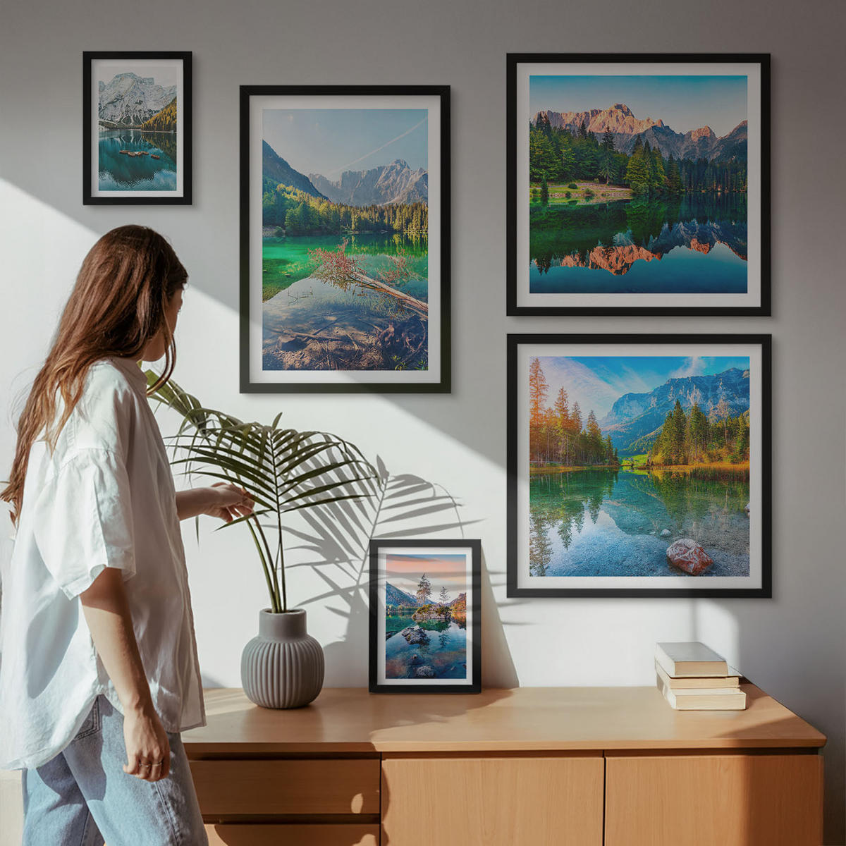 BILDER SET 5er Set - 50x50 cm & 20x30 cm & 40x60 cm Schwarzer Rahmen - Spiegelung des Waldes in Bergseen - Schwarz, Kunststoff (40/60cm) - TULUP