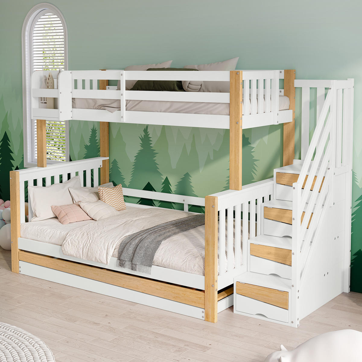ETAGENBETT 90/200 cm & 120/200 cm in Weiß & Natur mit Rollbett, Regal und Treppe - Weiß/Naturfarben, Holz/Holzwerkstoff (90/200cm) - CHICFURN