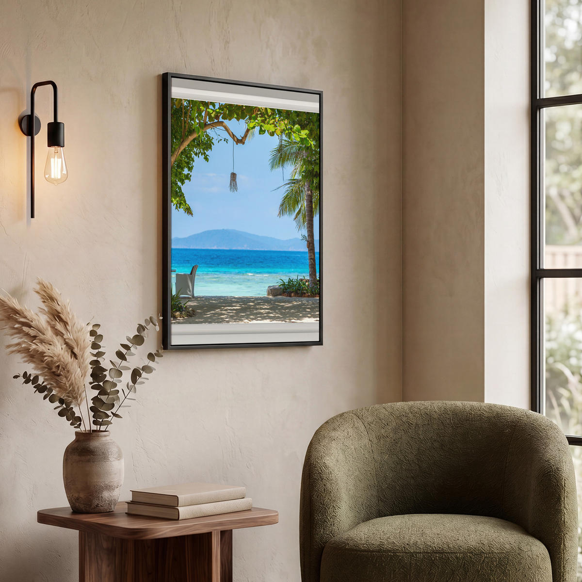 LEINWAND Bilder mit Rahmen - Aussicht - Baum - Meer - Palme - Hügel - Strand - Blau - 50x70 - Blau, Textil (50/70cm) - MuchoWow