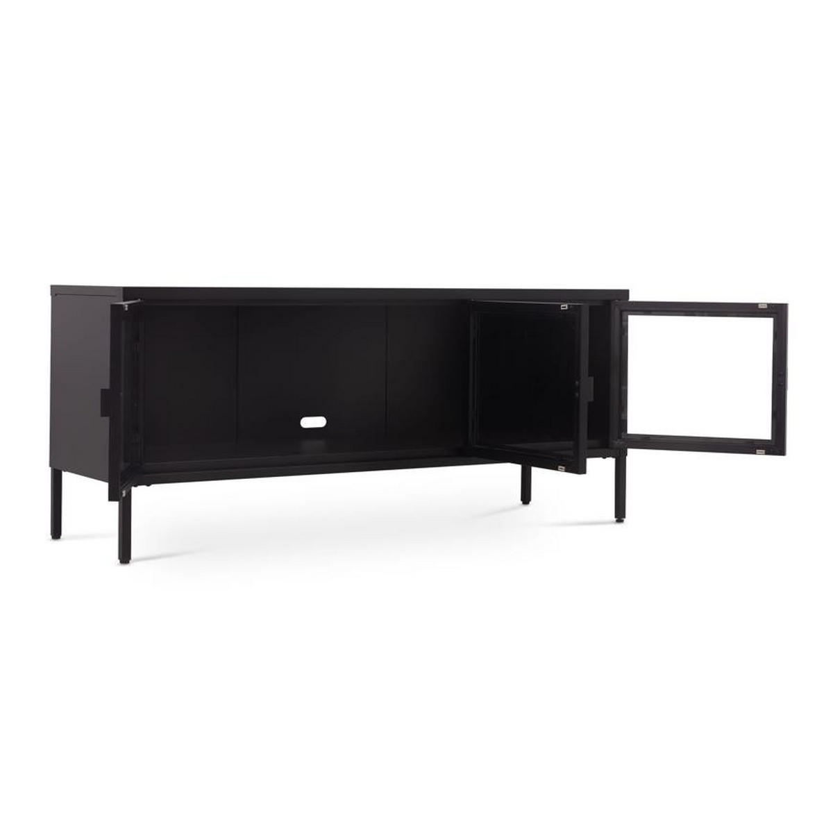 TV-LOWBOARD Metall 130cm 3 Türen, Schwarz und Sicherheitsglas EZRA - Schwarz, Metall (130/55/40cm) - Sicaan