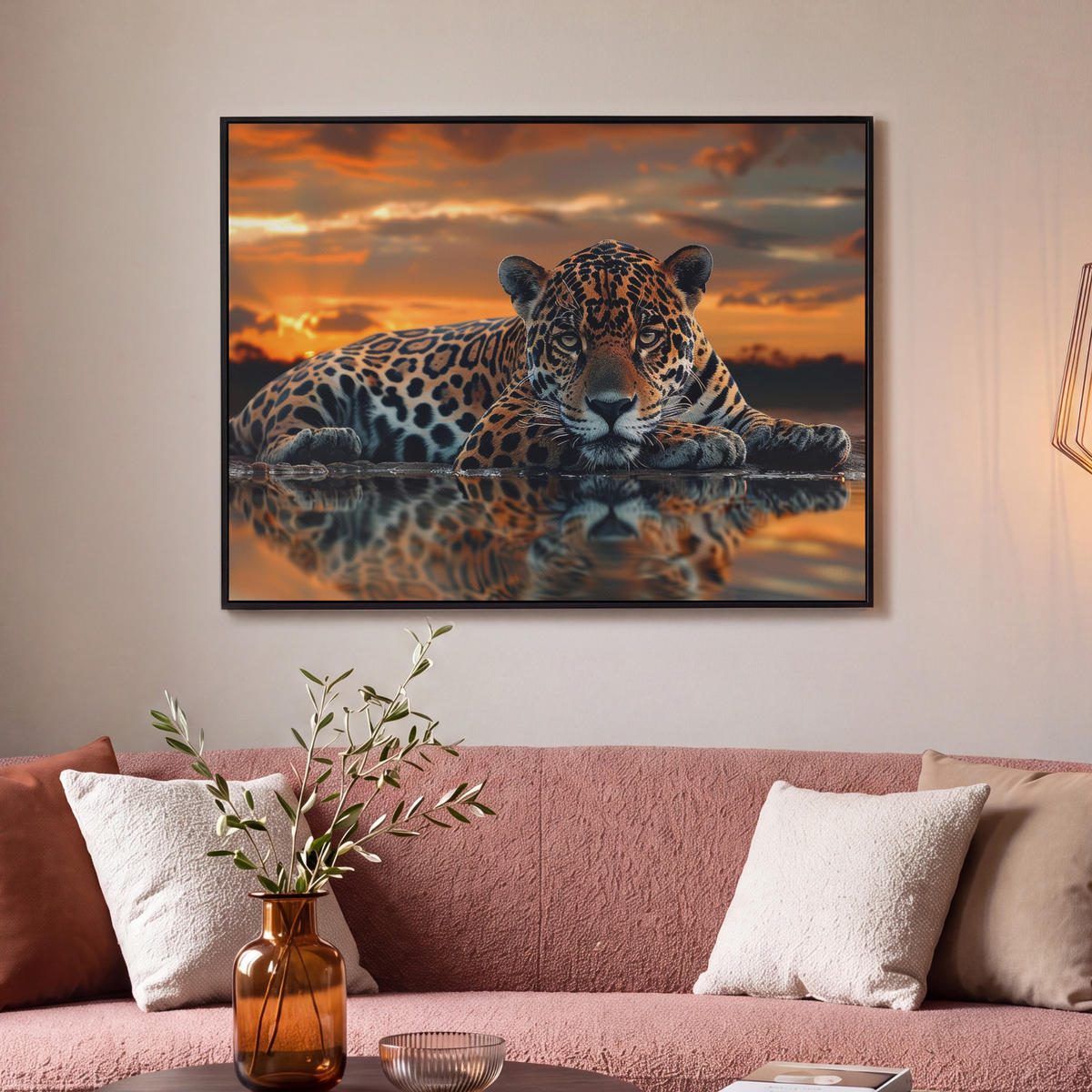 LEINWAND Bilder mit Rahmen - Natur - Leopard - Tier - Sonnenuntergang - Modern - 100x70 - Orange, Textil (100/70cm) - MuchoWow