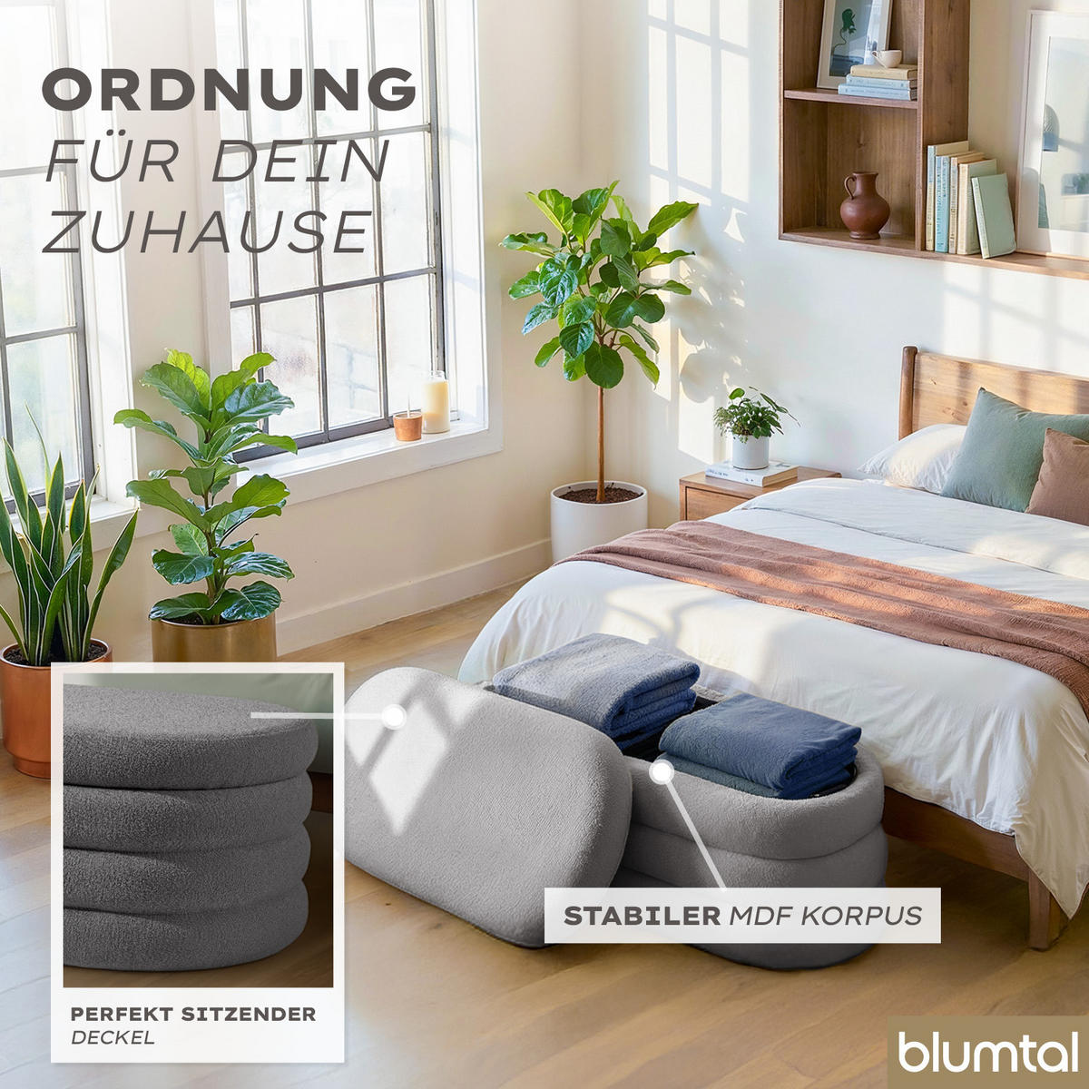XL Sitzbank mit Stauraum Oval – Bouclé Truhenbank Grau - Grau, Textil (45/42.5/110cm) - Blumtal