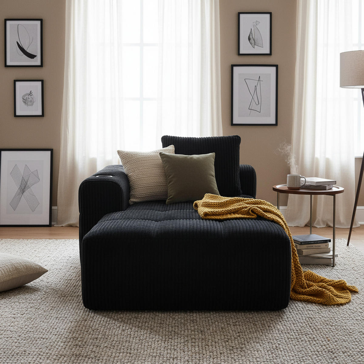 CHAISELONGUE in Cord (158 cm) mit Getränkehalter & Seitentaschen - Schwarz, Textil (158/61/93cm) - Urban Meuble