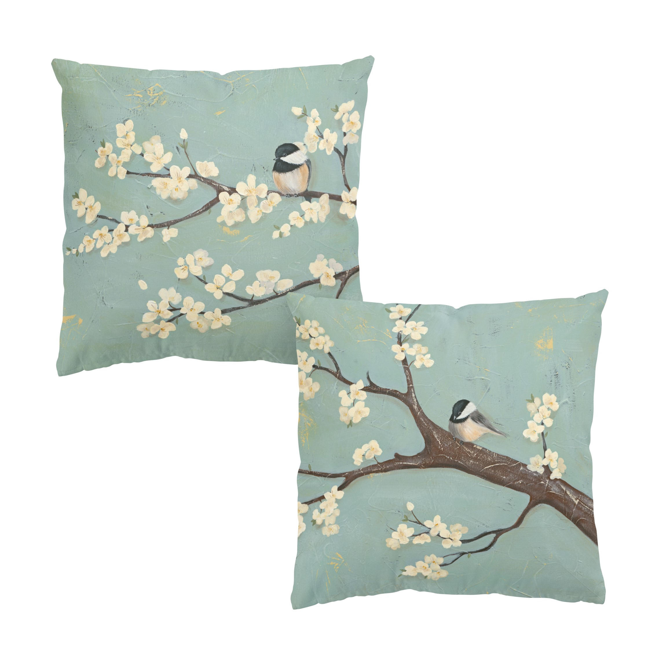 DEKOKISSEN 2er-Set Meise auf Kirschbaum Set I 50/50 cm - Grün, Textil (50/50cm) - Bilderwelten