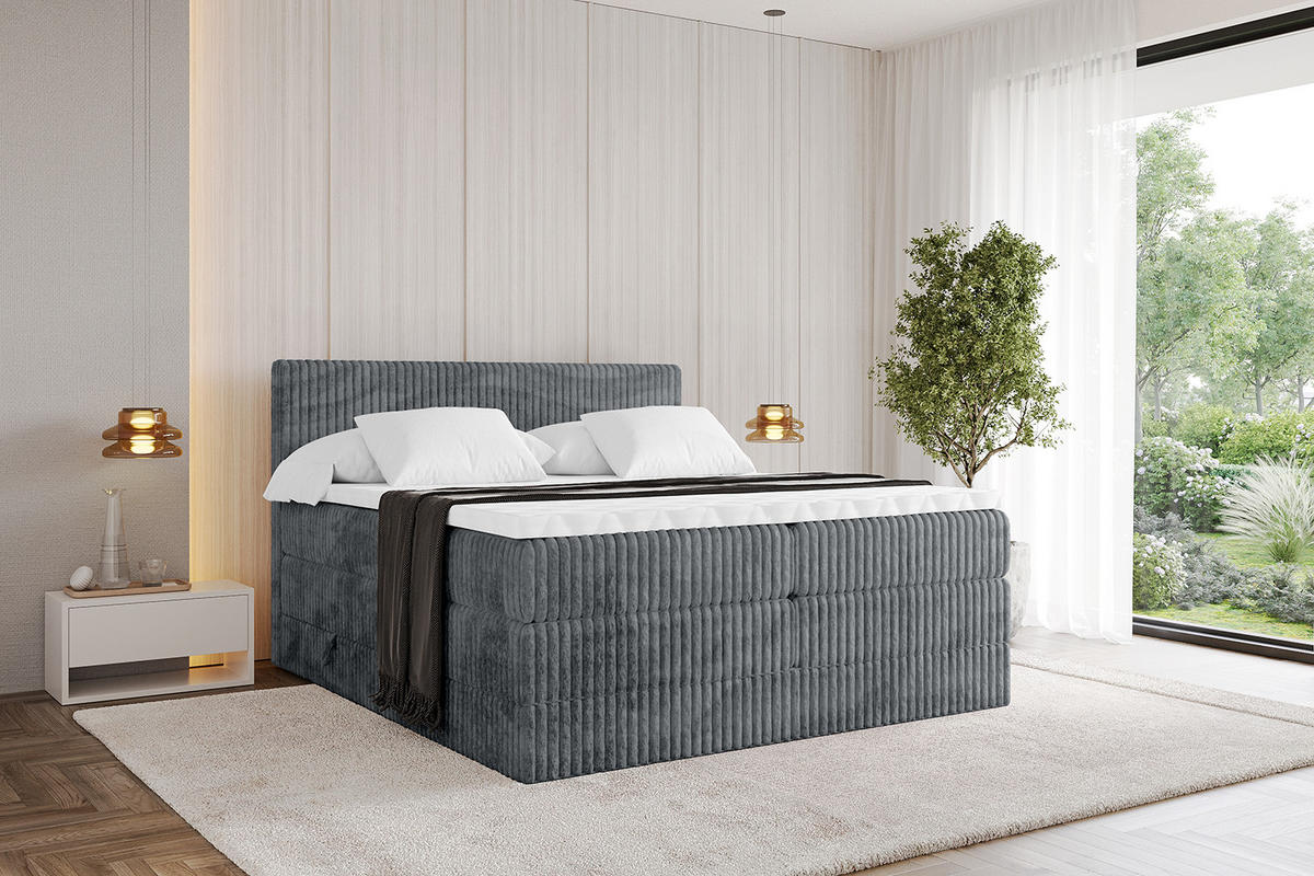 BOXSPRINGBETT mit Matratze H3|H4 und Lattenrost - TOLO KING 200x200 Cord - Dunkelgrau - Dunkelgrau, Holzwerkstoff (200/200cm) - ALTDECOR