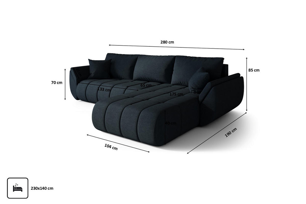 ECKSOFA TOKYO PREMIUM mit Schlaffunktion, Stoff WIND, Dunkelblau, Rechts - Dunkelblau, Holz (280/190cm) - Kaiser Möbel