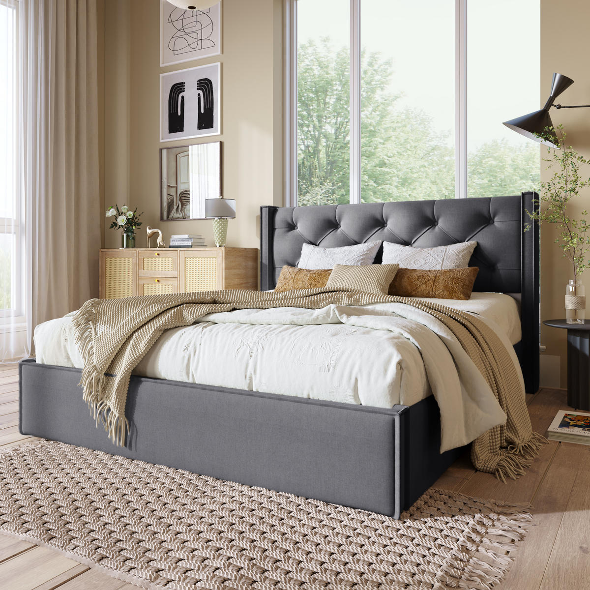 POLSTERBETT 140/200 cm grau mit Stauraum und Lattenrost aus Metallrahmen - Grau, Textil (140/200cm) - OKWISH