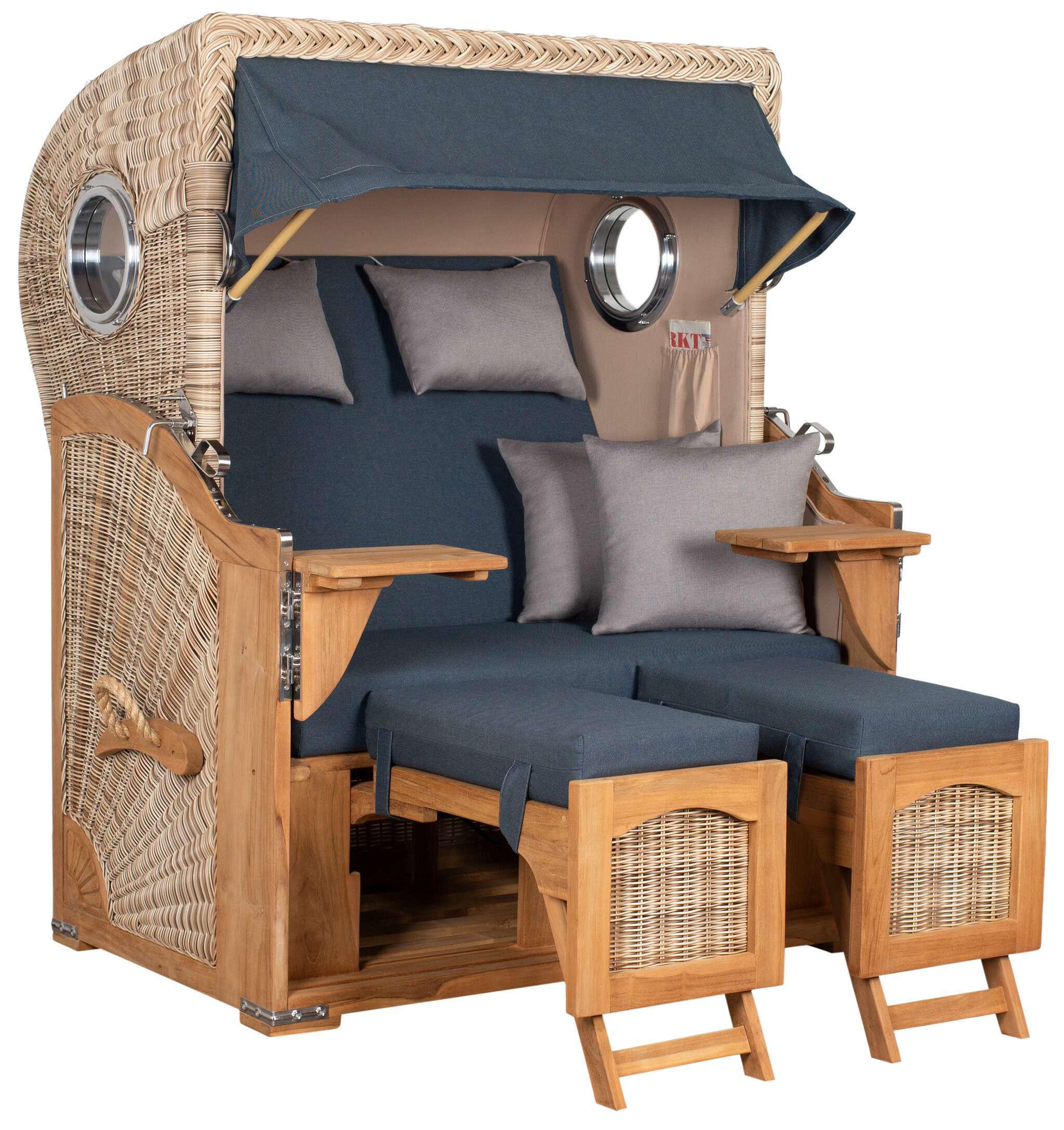 STRANDKORB Düne 2-Sitzer Teak Shell - Blau/Braun, Holz/Metall (125/170/80cm) - Mr. Deko