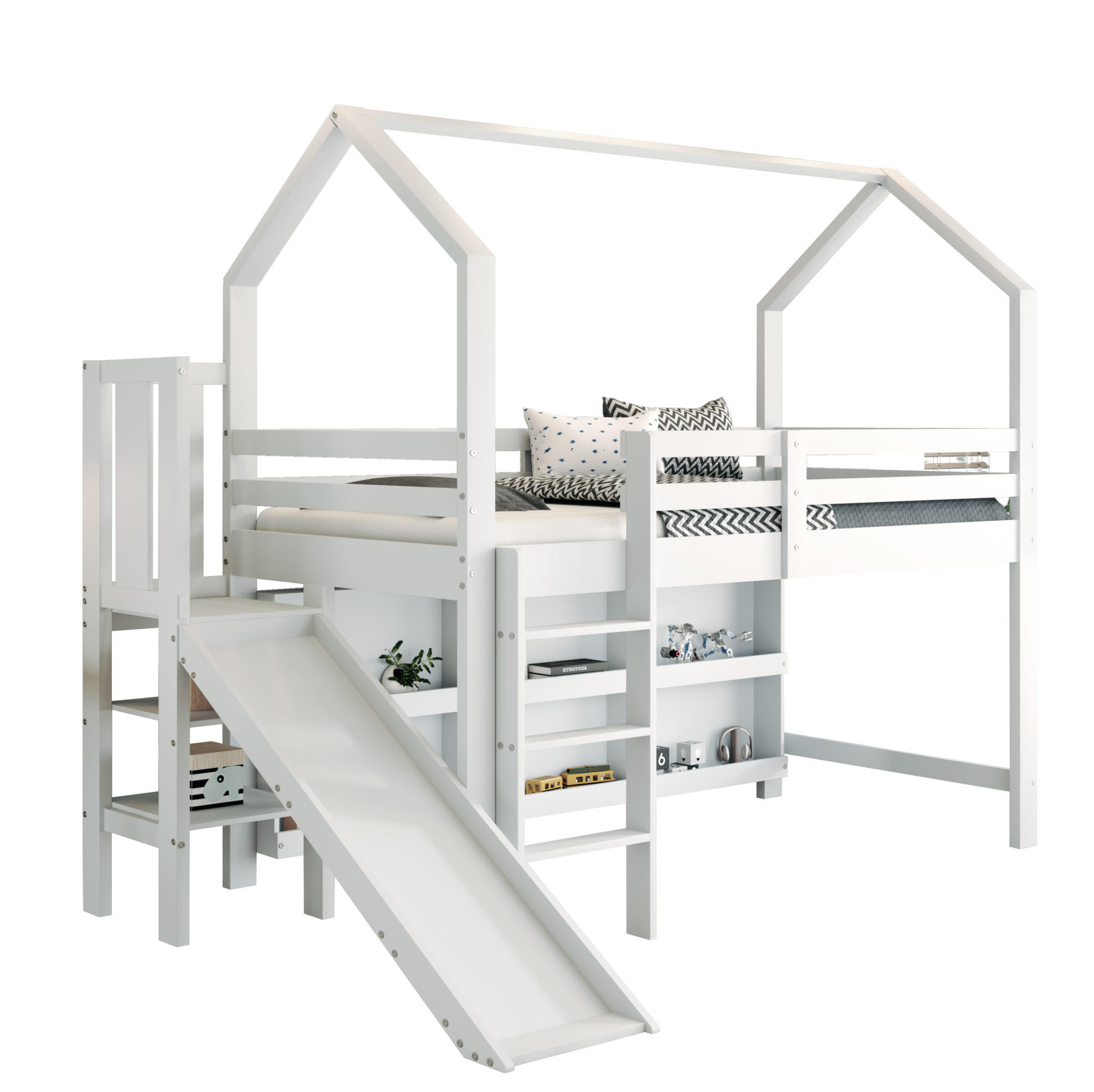 Modfu DĚTSKÁ postel z borovice, překližky a MDF 90x200 cm bílá s tobogánem, úložným prostorem a regály