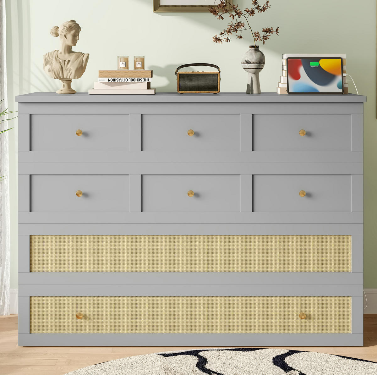BETT 140/200 cm Grau mit USB-Anschluss, Steckdose und Stauraum - Grau, Holzwerkstoff (140/200cm) - Flora Grace